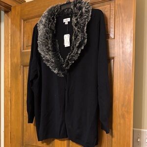 Avenue Black Cardigan with Faux Fur Trim